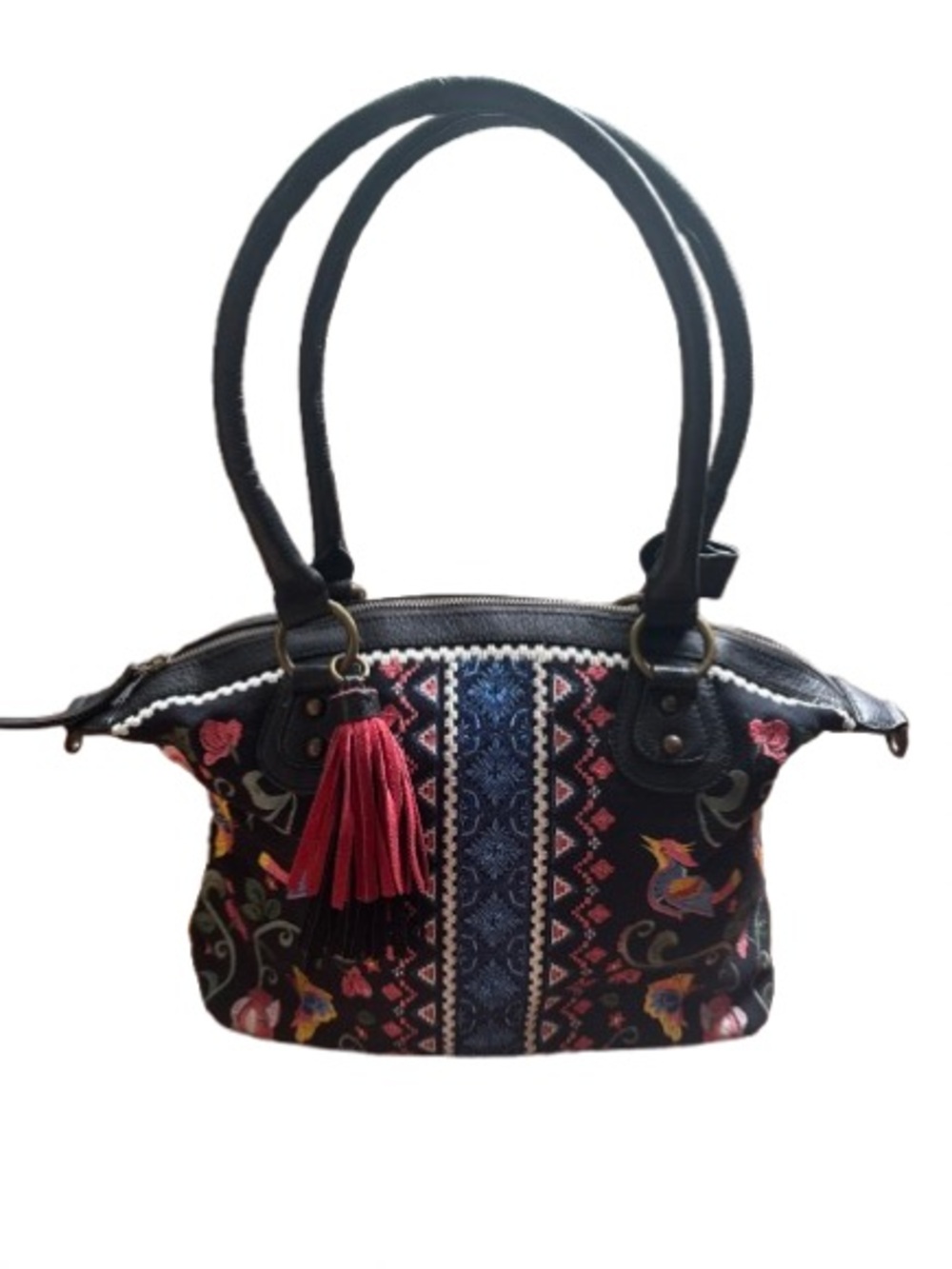 Sharif Boho Andalusian Garden Canvas Embroidered Satchel with Leather Accents - Picture 13 of 13